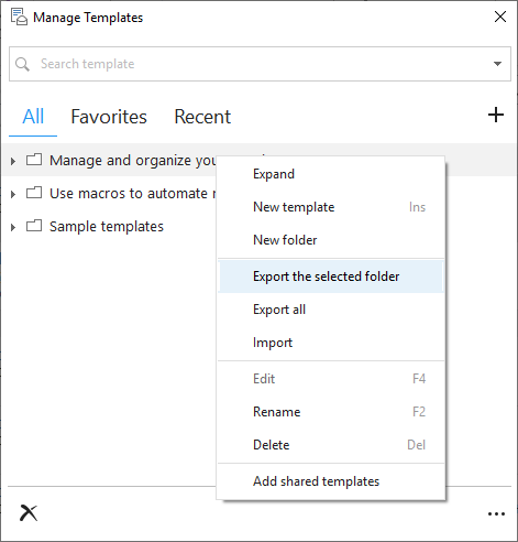 Export the selected template folder.