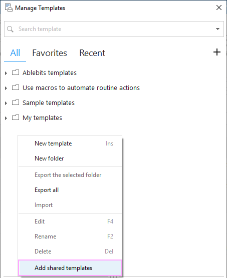 Add shared templates in Outlook.