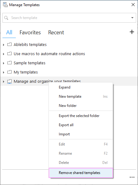 Remove shared templates in Outlook.