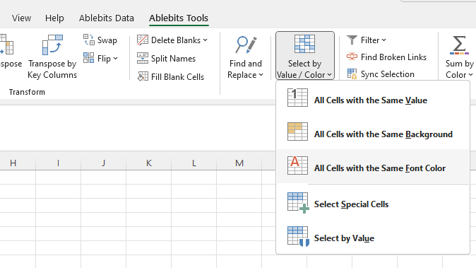Find Excel cells by the same font color.