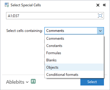 Find Excel comments, constants, formulas, blanks, objects.