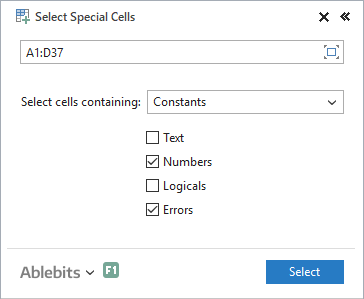 Select cells by type in Excel.