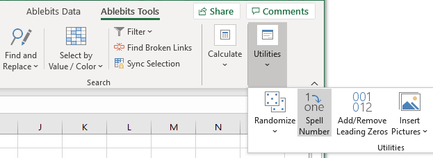 Spell Number in Excel ribbon.
