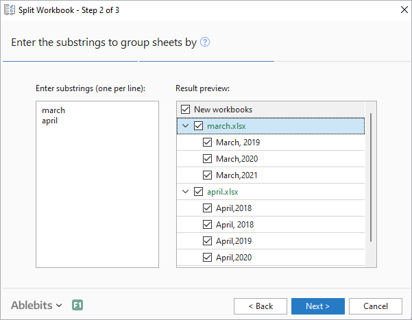 Enter substrings to group worksheets by.