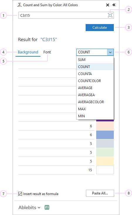 Sum and Count in Excel by all colors.