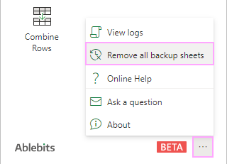 Find the Remove all backup sheets option in the More menu.