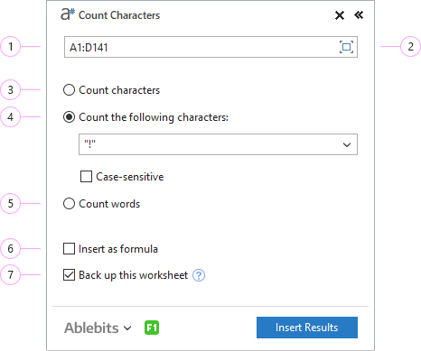 The Count Characters options.