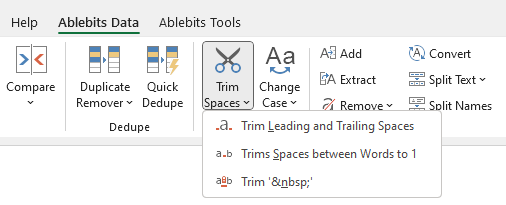 Trim spaces directly from the Excel ribbon.