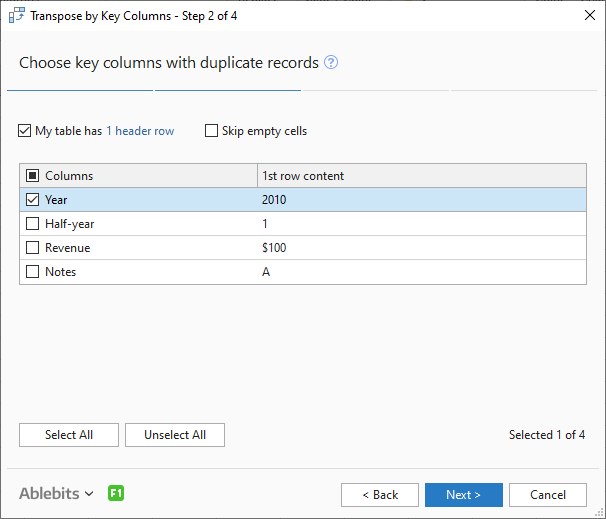 Select key columns.