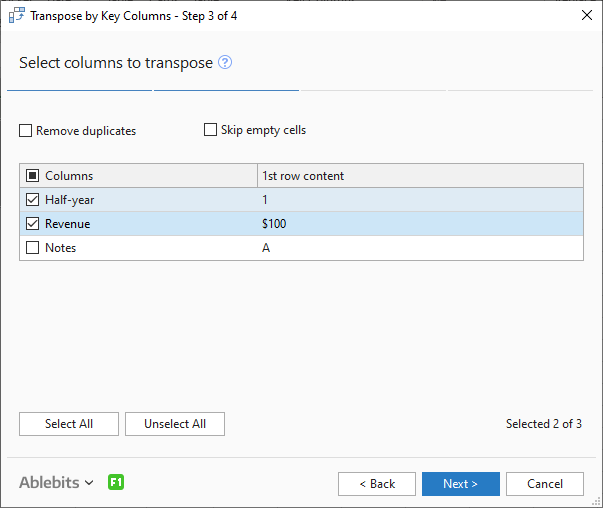 Select columns to transpose.