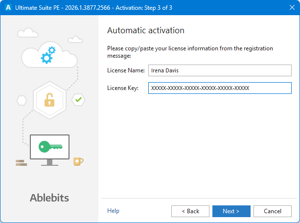 Enter the license name and key.