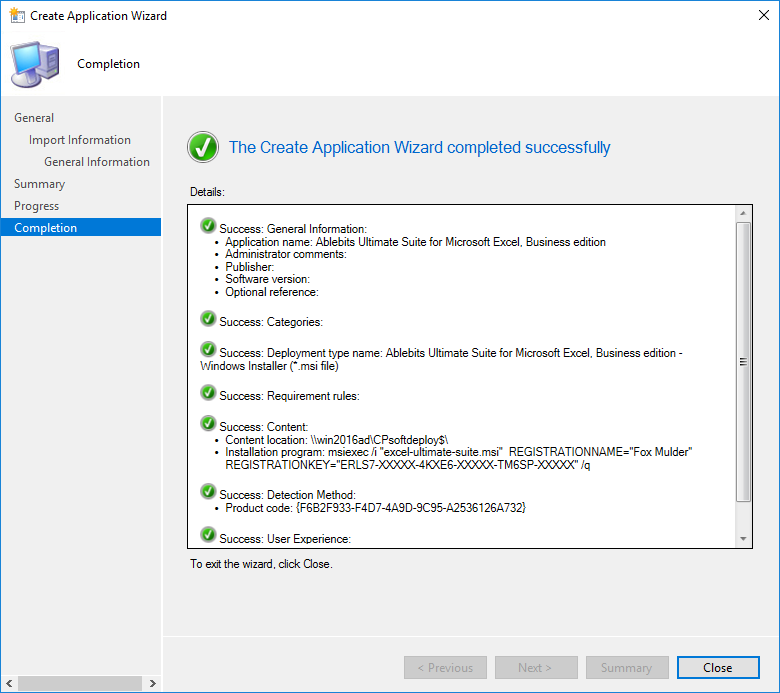 The Create Application Wizard completion