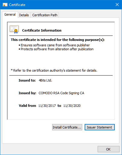 General information about the certificate