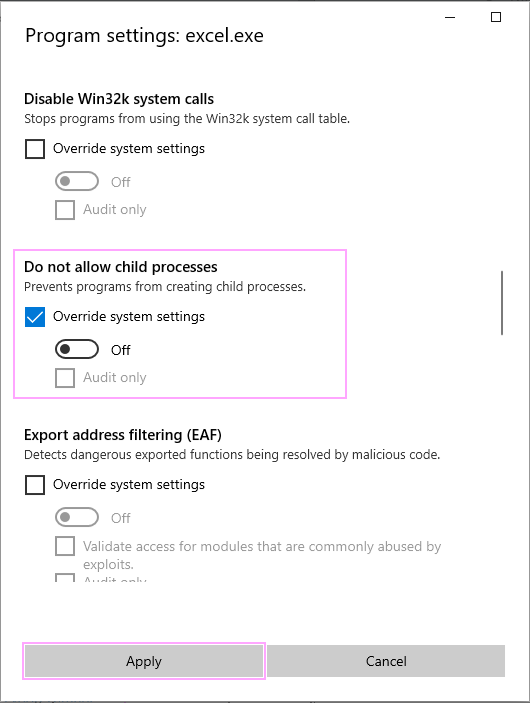 Turn off the Do not allow child processes option.