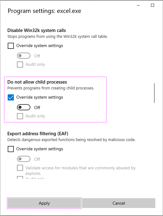 Turn off 'Do not allow child processes'