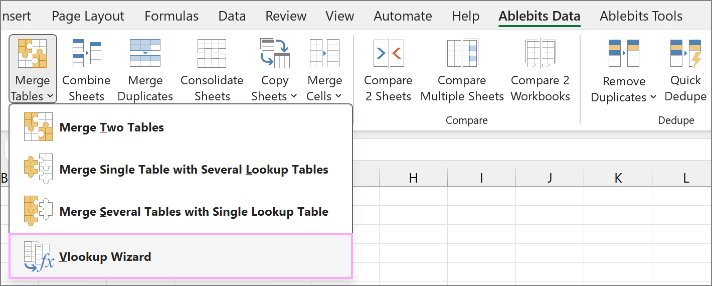Open VLOOKUP Wizard for Excel.