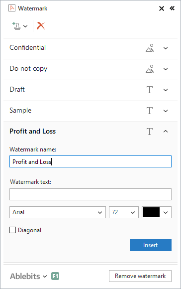 Insert the name and fine-tune the options of the new watermark.