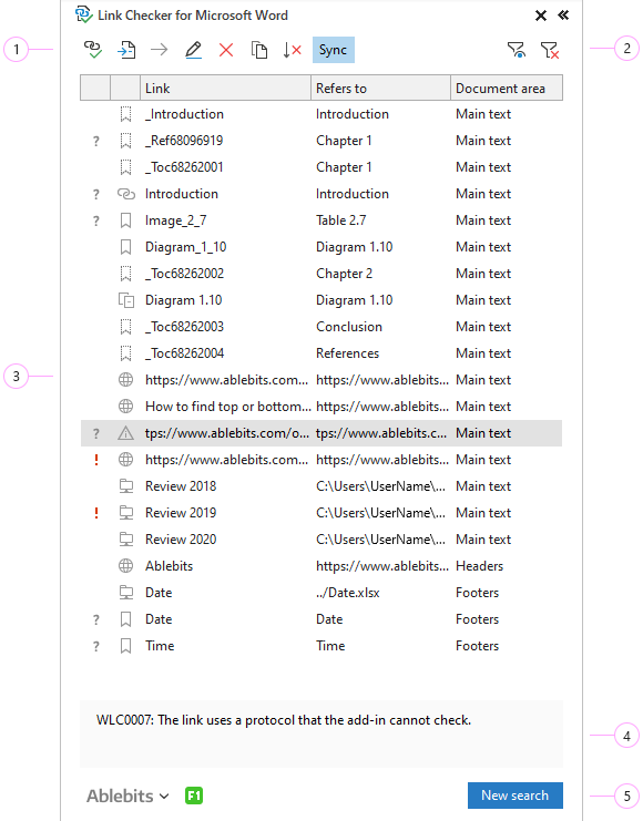 The Link Checker pane with the search results The Link Checker pane with the search results