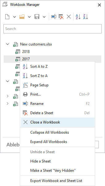 Use the context menu option to close a workbook.