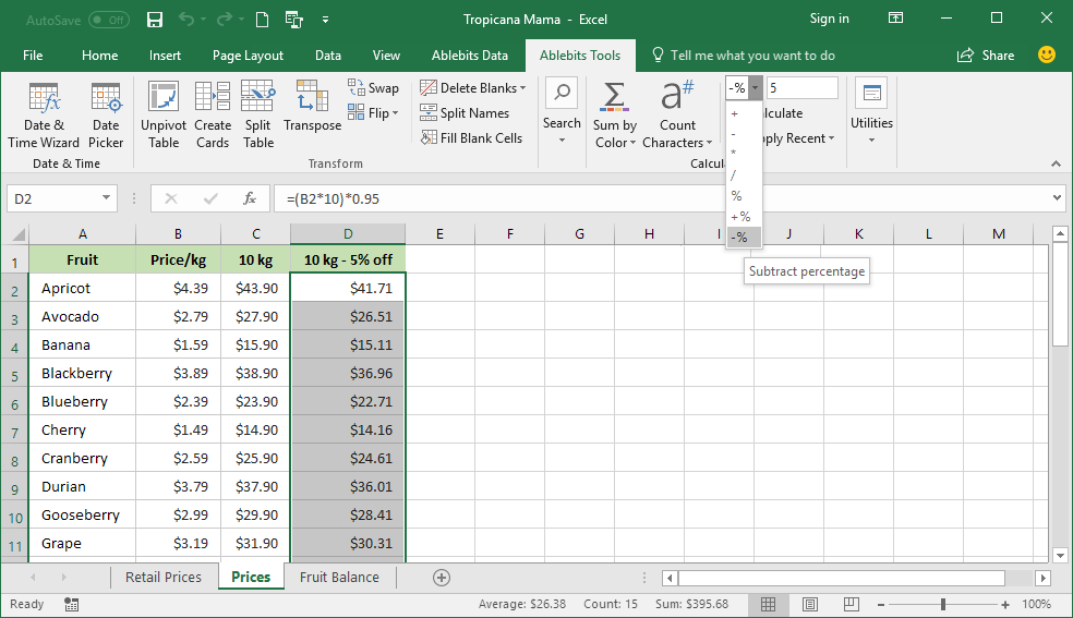 excel formula for subtracting a percentage