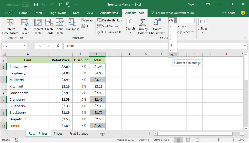 excel add and subtract in same formula