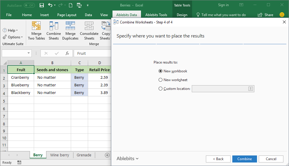 Choose to insert the results into new workbook, worksheet, or a range of your choice