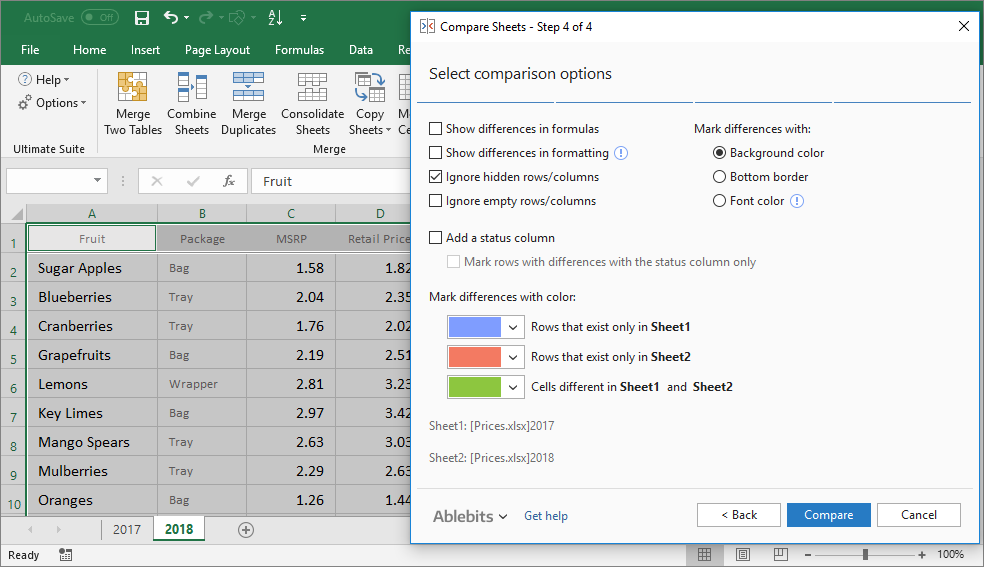 Select the desired comparison options