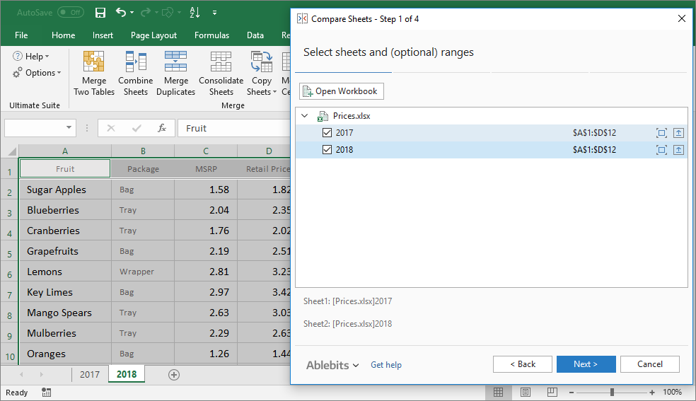 Select the Excel worksheets you are going to compare