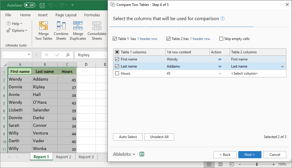 Select the key columns for comparison