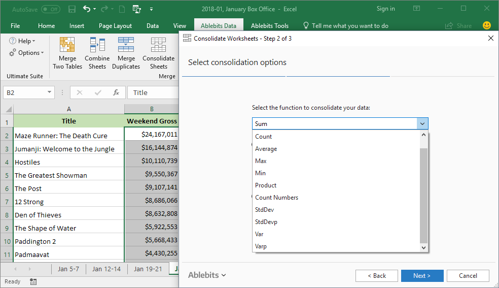 Choose any of the Excel consolidate functions for your calculations