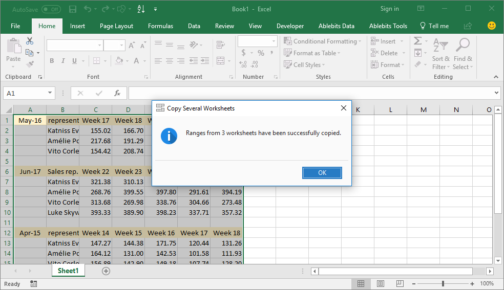 The new workbook is created, all the chosen ranges from different worksheets are pasted