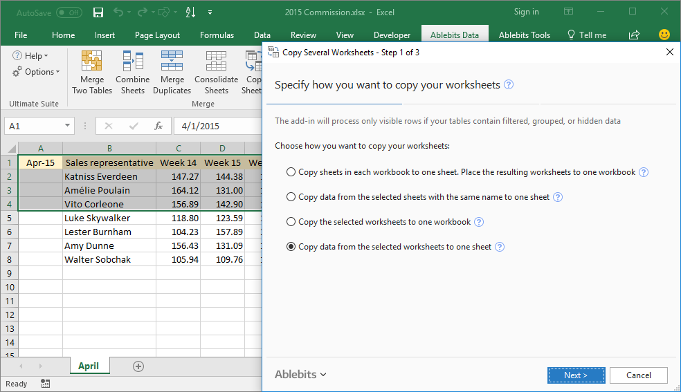 Open the workbook, run the add-in and select <em>Copy data from the selected worksheets to one sheet</em>
