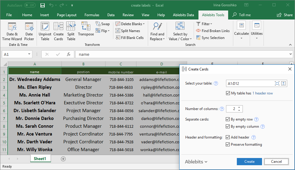 how to print address labels from excel office 365