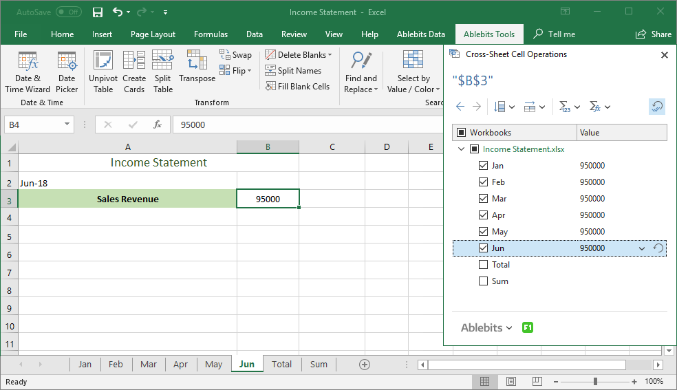 Sum same cell in multiple sheets, reference and copy same range