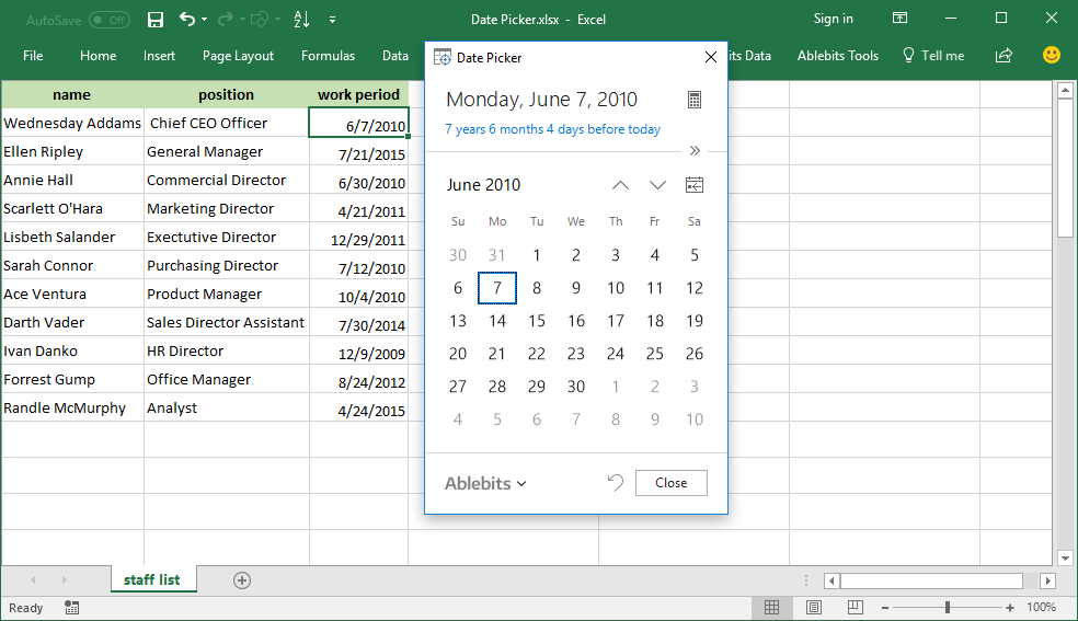 Excel Date Picker insert dates into Excel cells in a click