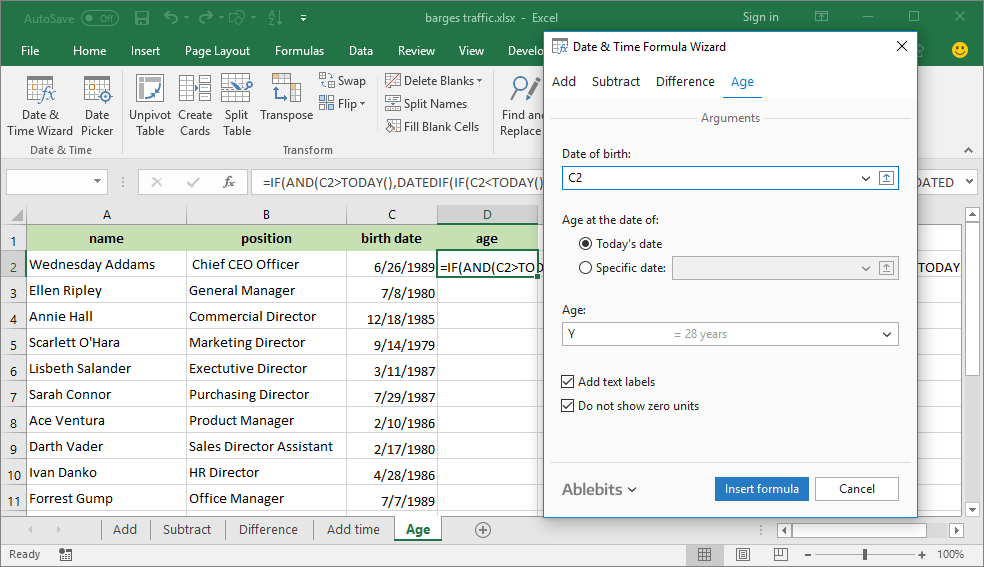 date calculator in excel