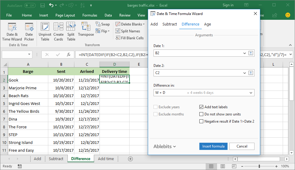 microsoft excel formulas for time between dates