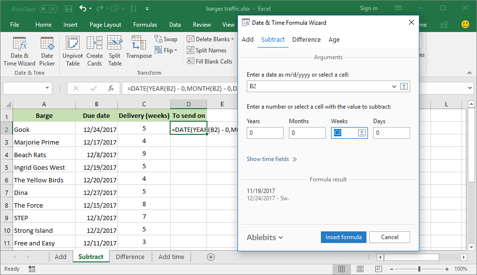 Build a formula to subtract weeks from a date