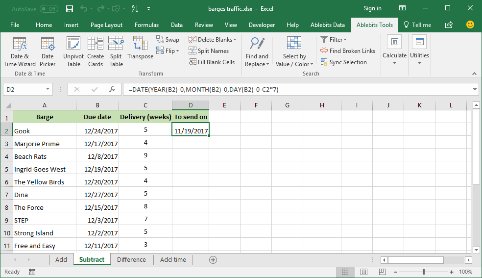 excel formula to subtract