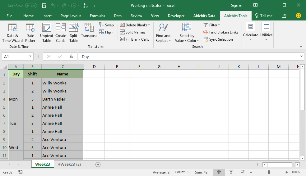Blank cells are filled with value above