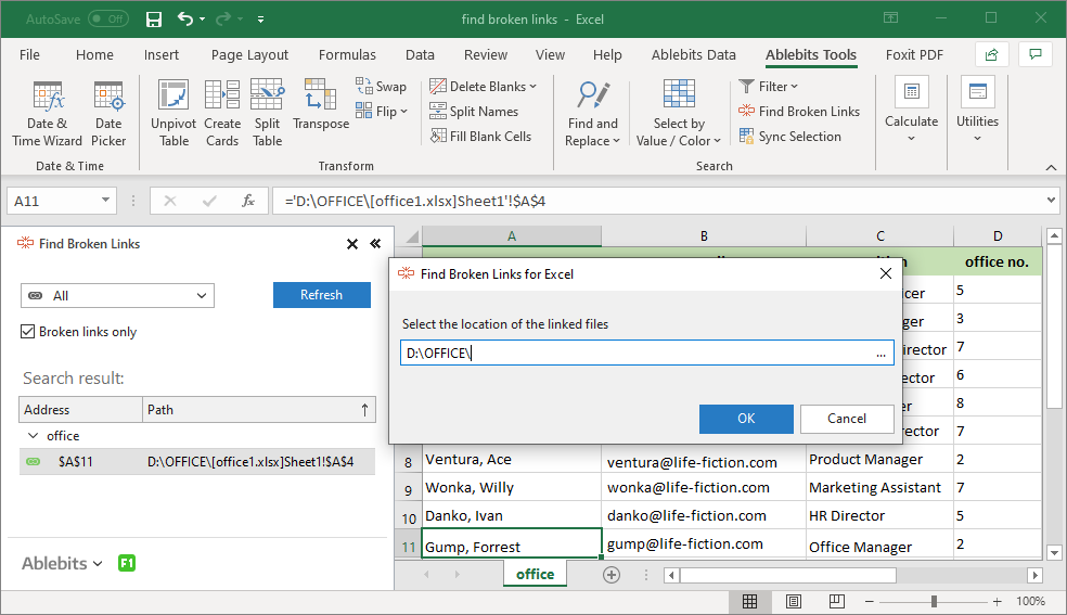 fix broken links for excel