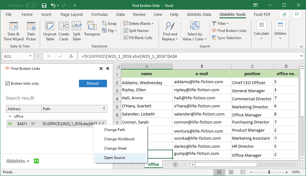 break link to documents in excel for mac