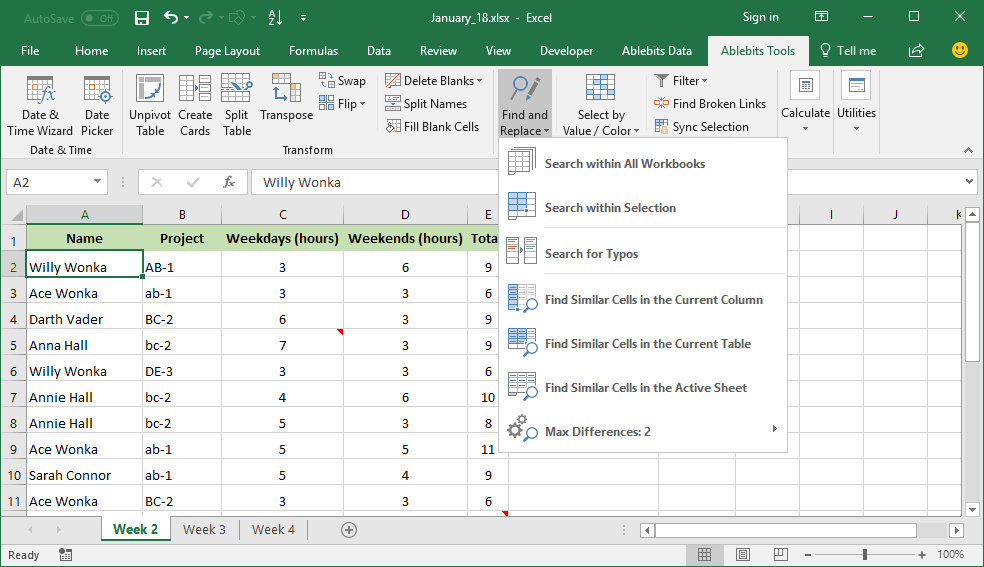 Find and replace in Excel by choosing one of 4 options