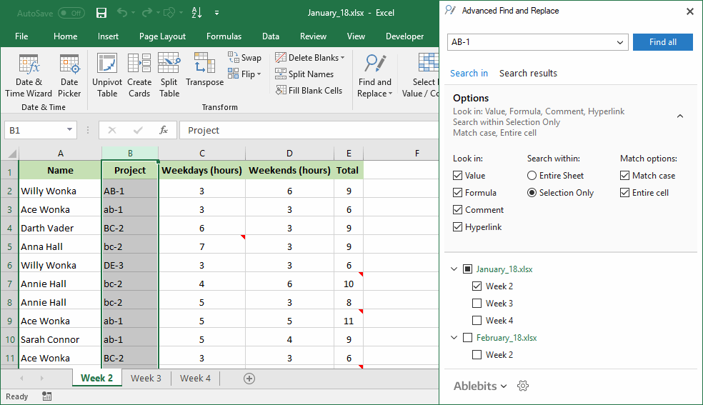 Search for exact matches: case-sensitive and match entire cell contents