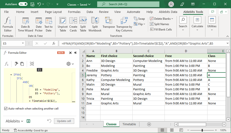 Edit Excel formulas of any complexity with the Formula Editor tool