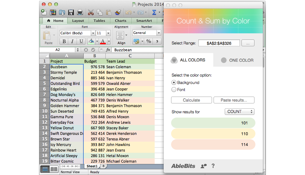 count and sum by color ablebits app for excel for mac