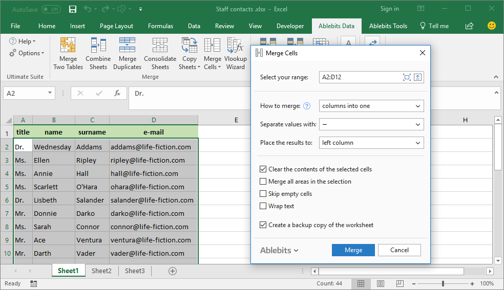 Excel merge cells combine columns and rows in a second with no