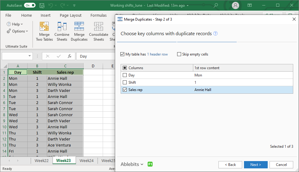 On Step 2 choose the key columns with duplicate records