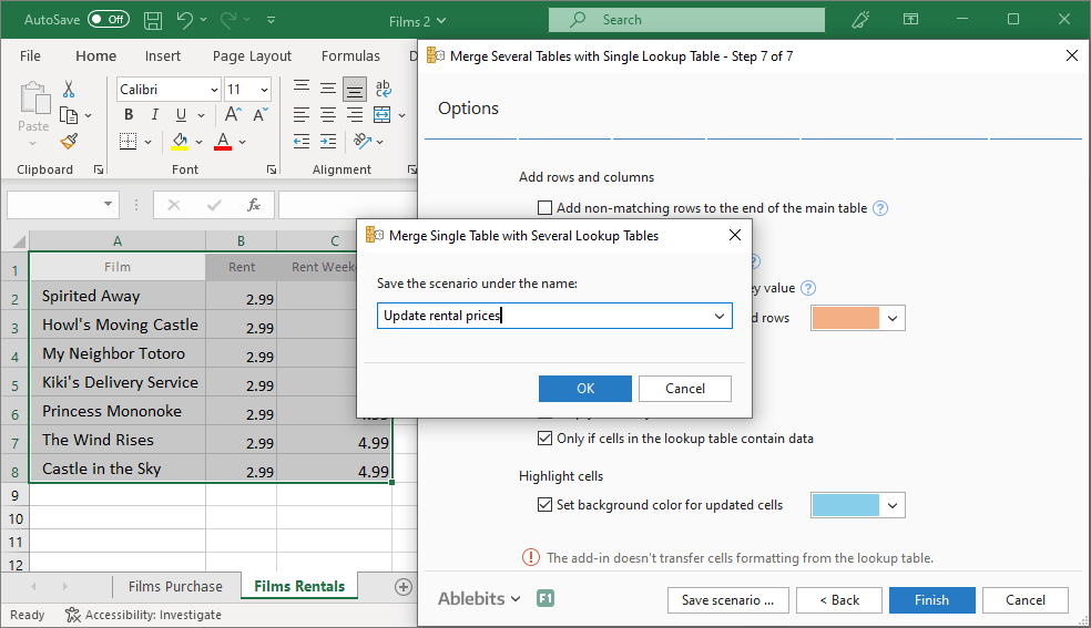 Save the selected tables and options as a scenario