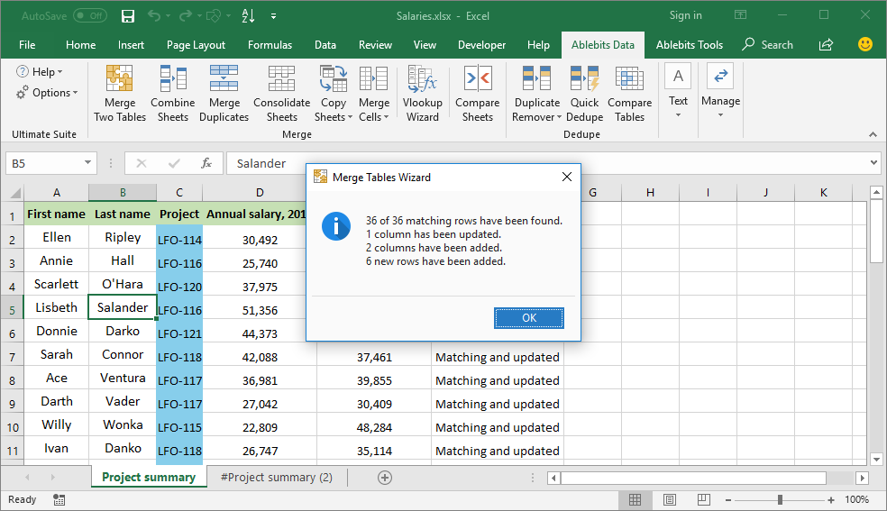 Two Excel tables are merged into one.